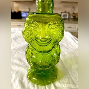 Vintage Indiana‎ glass Jolly, old man mountaineer whiskey decanter. Green.